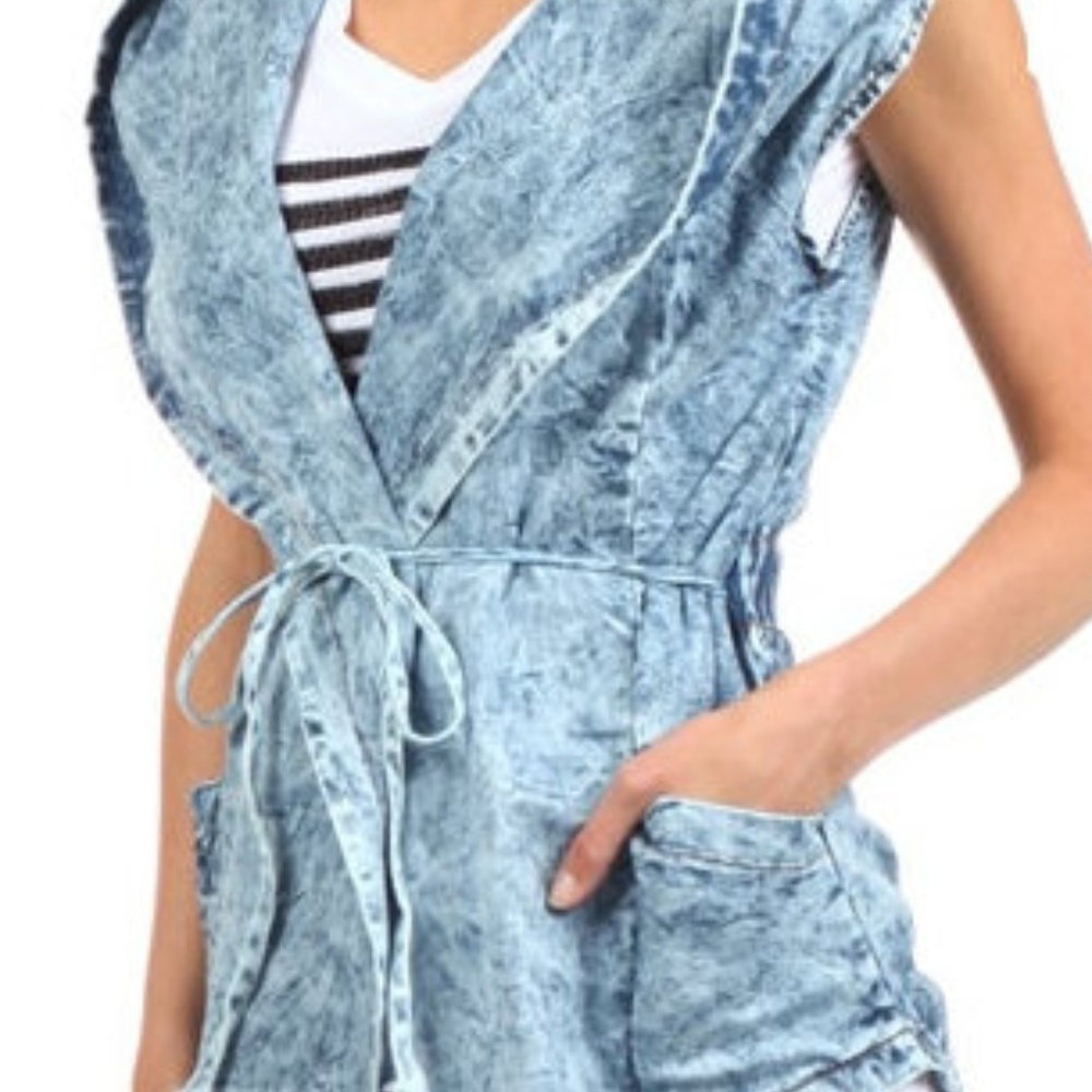 Acid Wash Hoodie Denim Trench Jean Vest Jacket - Picture 6 of 7